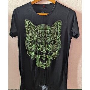 Wolf Black T Shirt Green Y2K Tribal Size Extra Small XS Howling Wolf (801m)